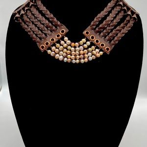 Vintage Handmade Crafted Leather necklace with natural pearls